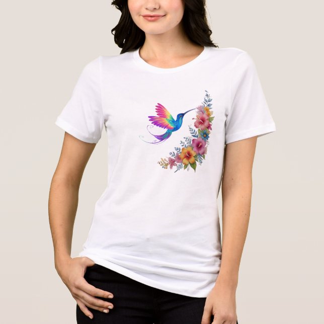 Camiseta Beija-flor Arco-íris com Arranjo Floral Tropical (Frente)
