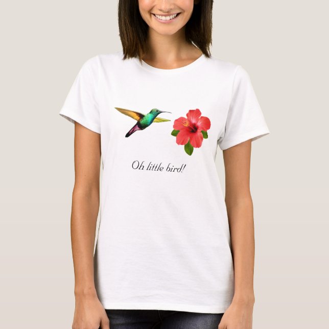 Camiseta Beija-flor-de-cor-branca e flor-vermelha (Frente)