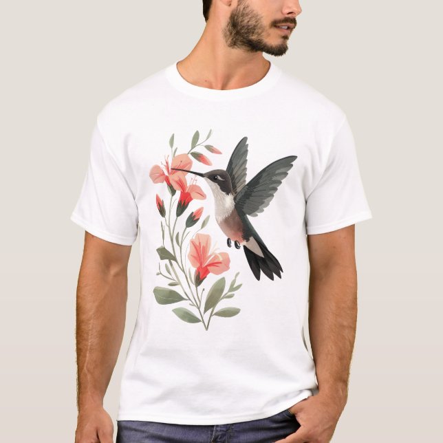 Camiseta Beija-flor e Flores - Arte Minimalista (Frente)
