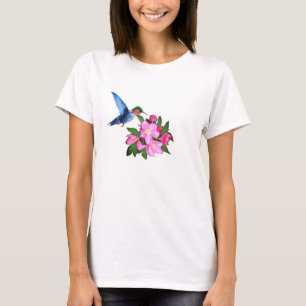Camiseta Beija-flor e flores rosa maçã