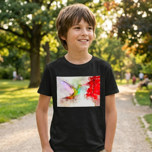 Camiseta Beija-flor em Aquarela se Alimentando de Flor Verm