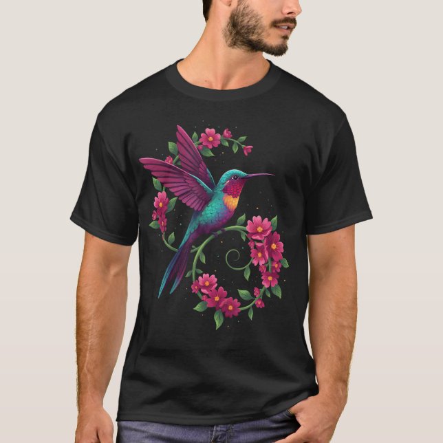 Camiseta Beija-flor Floral Tons de Joia de Pássaro (Frente)