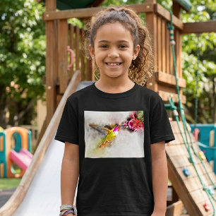 Camiseta Beija-flor se Alimentando de Flor Rosa Aquarela