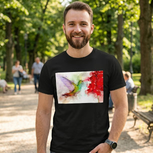Camiseta Beija-flor voando com flor Aquarela - 03