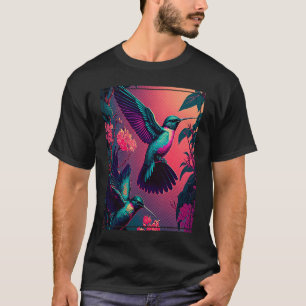 Camiseta Beija-flores Pássaros Tropicais em Voo Vaporwave F