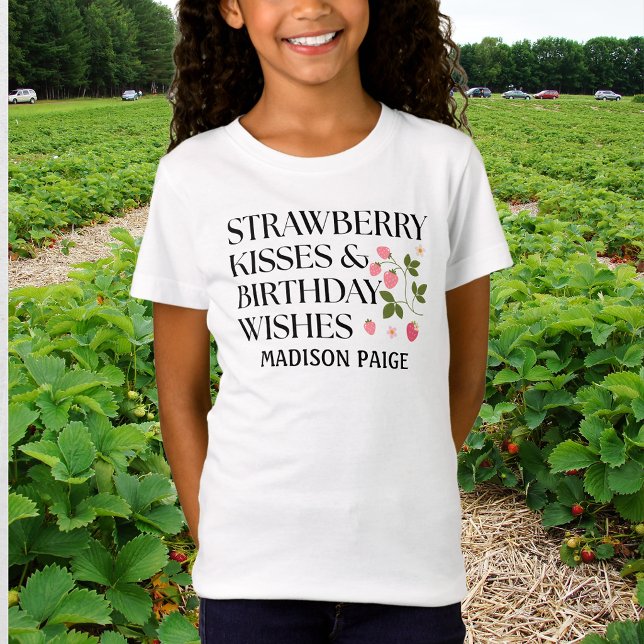Camiseta Beijos de Morango Desejos de Aniversário Rosa (Criador carregado)