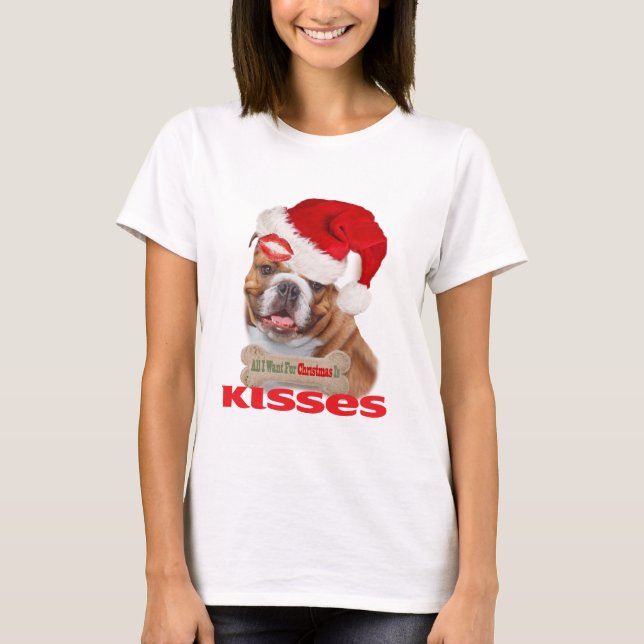 Camiseta Beijos ingleses do buldogue para o roupa do Natal (Frente)