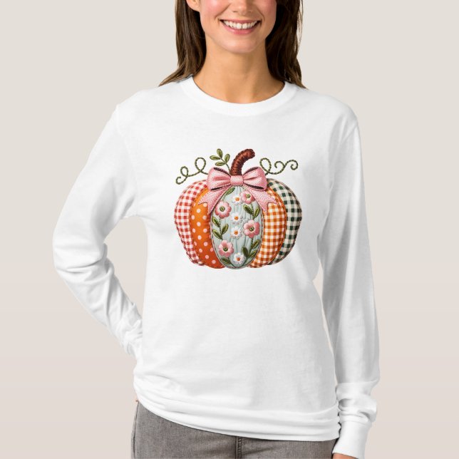 Camiseta Bela Abóbora com Padrão de Patchwork Cicatado (Frente)