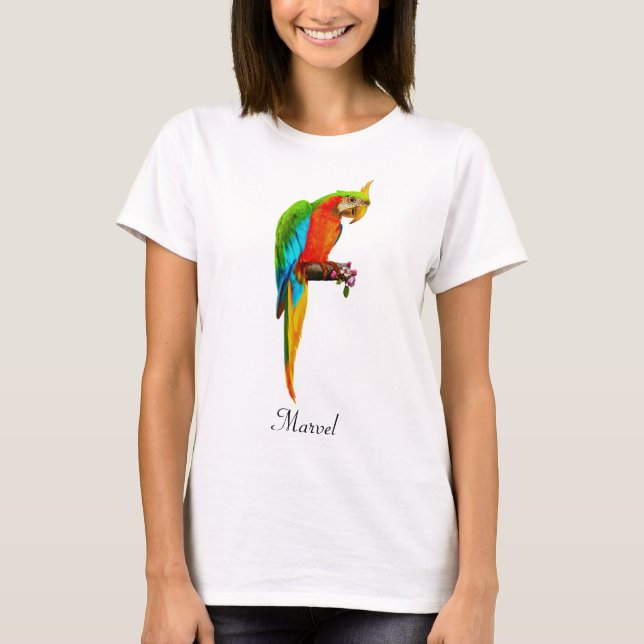 Camiseta Bela ave-maca multicolorida (Frente)
