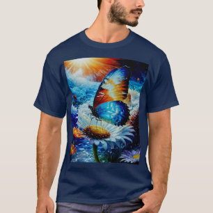 Camiseta Bela borboleta colorida em uma margarida