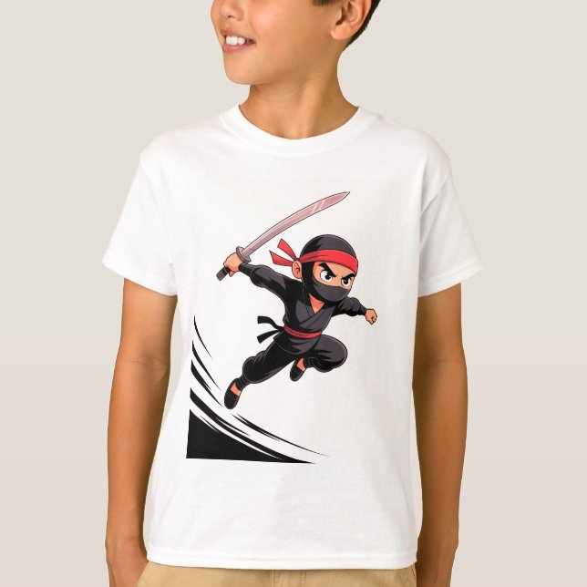 Camiseta Bela Cartoon Ninja Boy with Sword - Action Pose (Frente)