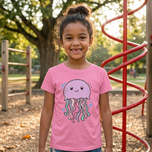 Camiseta Bela e sorridente Kawaii Bebê Água-Viva com Bolhas