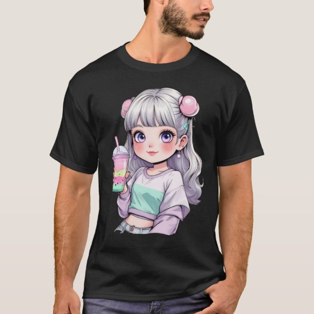 Camiseta ✨ Bela Garota de Animação Kawaii Chá (Frente)