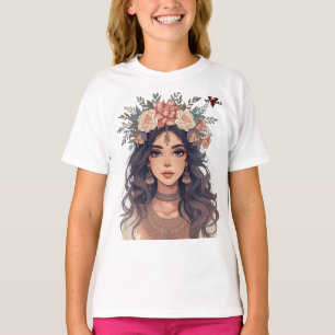 Camiseta Bela Garota de Anime Floral – Estética Pastel Suav