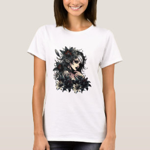 Camiseta Bela Gótico Negra Flores Negra