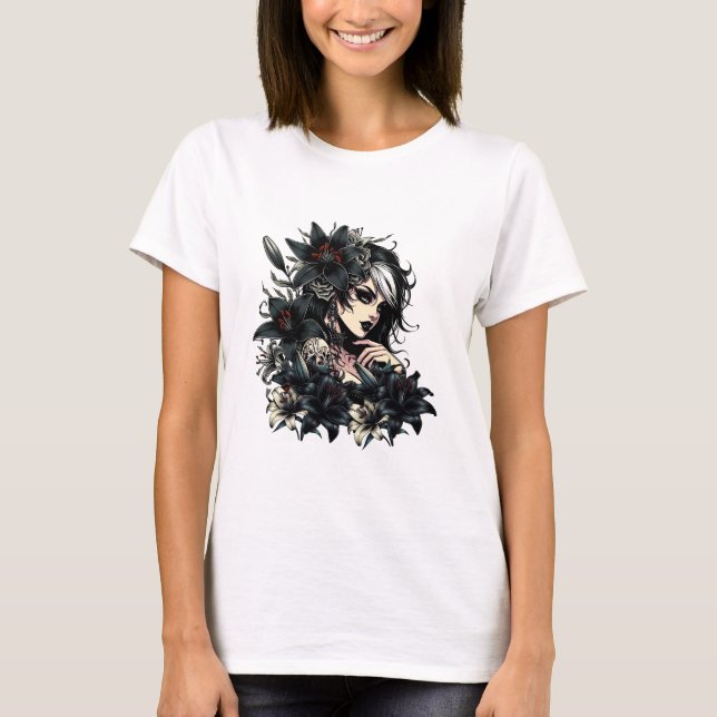 Camiseta Bela Gótico Negra Flores Negra (Frente)