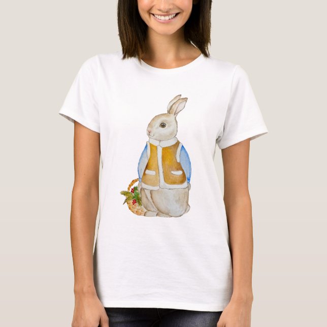 Camiseta Bela lebre de Natal com uma cesta com farelo de sp (Frente)