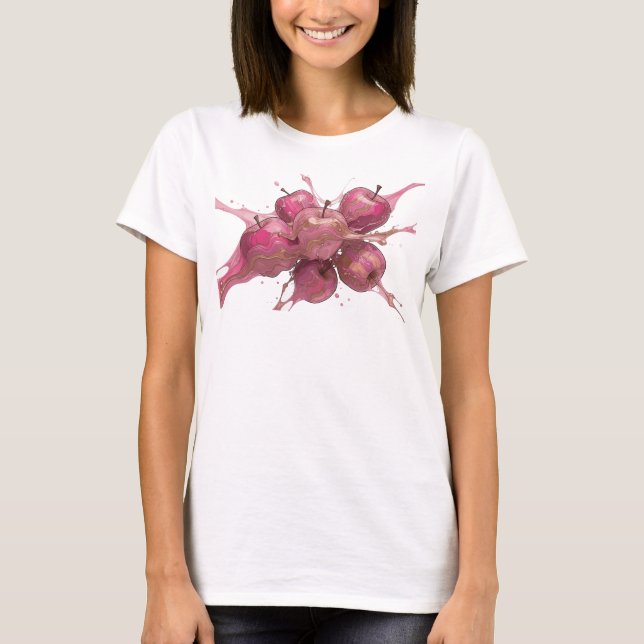 Camiseta Bela Maçã Abstrata Rosa Gráfica de Designer (Frente)