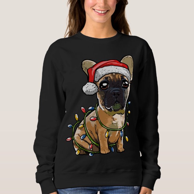 Camiseta Bela Papai noel Francês Cachorro de Natal Luzes De (Frente)