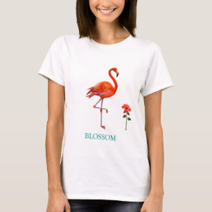 Camiseta Bela Pássaro Flamingo Rosa e Flor Red Hibiscus