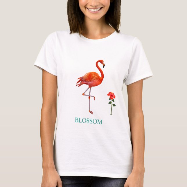 Camiseta Bela Pássaro Flamingo Rosa e Flor Red Hibiscus (Frente)