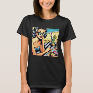 Camiseta Bela Senhora Retro na Praia com Coquetel
