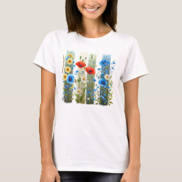 CAMISETA BELAS PINCELADAS FLORAIS VERMELHAS AZUIS E AMARELA