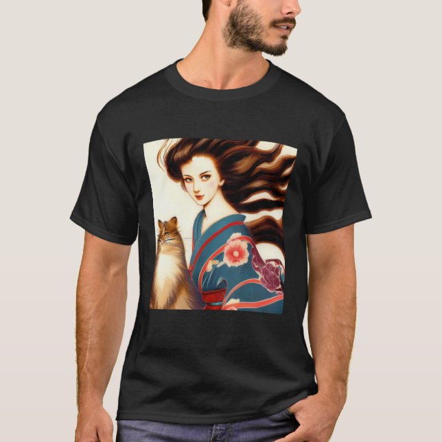 Camiseta beleza antiquada japonesa e gato (Frente)