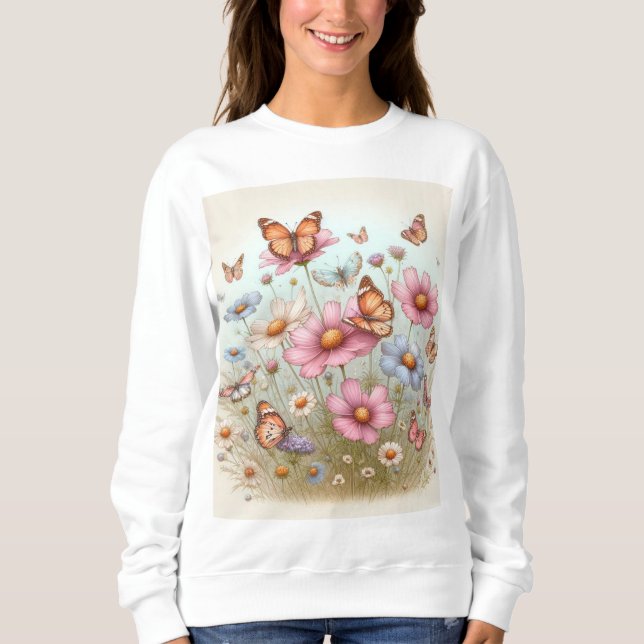 Camiseta Beleza Flutuante: Borboletas nas Flores (Frente)