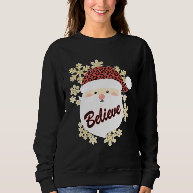 Camiseta Believe Christmas Santa Hat Leopard Snowflake Grap (Frente)