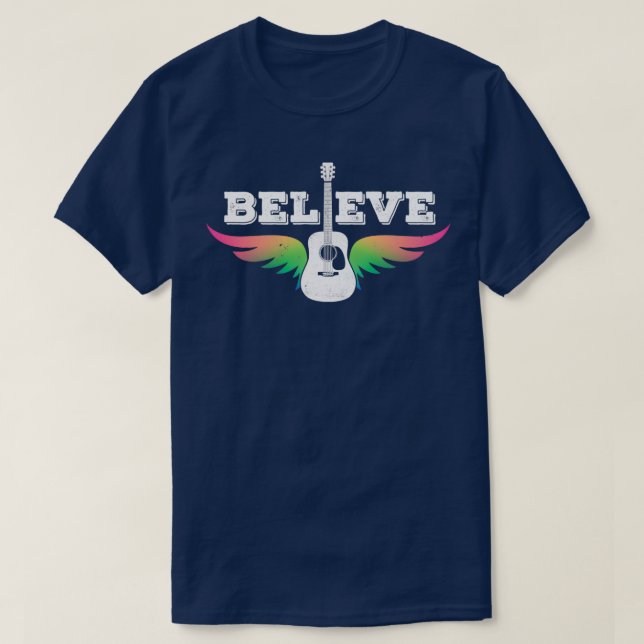 Camiseta Believe Colorful Guitar Wings Dreadnought Style Ac (Frente do Design)