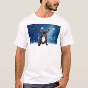 Camiseta Belo Buldogue Francês Estrelas de Neve Azul Natal