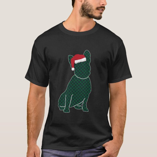 Camiseta Belo Bulldog Francês Santa Hat - Natal da Xadrez V (Frente)