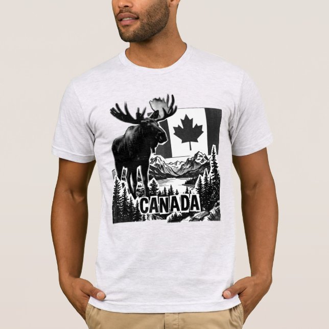 Camiseta Belo Canadá. Bandeira canadense. Alce canadense. (Frente)