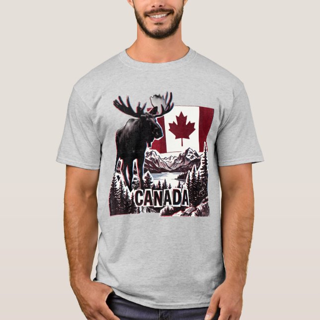 Camiseta Belo Canadá. Bandeira canadense. Alce canadense.  (Frente)