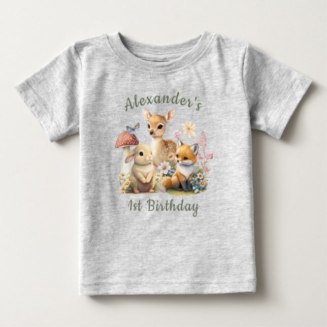 Camiseta Belo Coelhinho Veado Fox Floral Primeiro Aniversár (Frente)