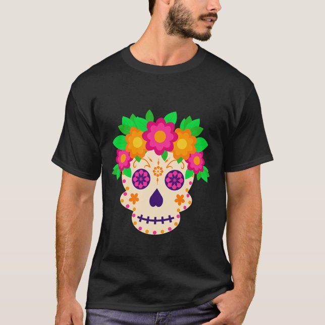 Camiseta Belo crânio com flores Día de los Muertos (Frente)