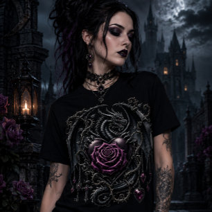 Camiseta Belo Dragão Gótico Revestido de Joias com uma Rosa