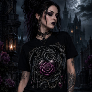 Camiseta Belo Dragão Gótico Revestido de Joias com uma Rosa