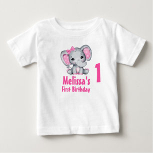 Camiseta Belo Elefante Rosa de Bebê no Primeiro Aniversário