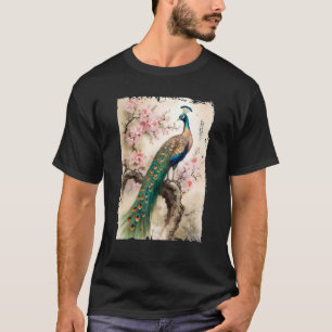 Camiseta belo pavão, cereja japonesa, arte florida