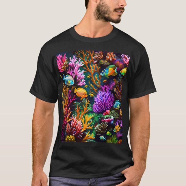 Camiseta Belo recife de coral com natação tropical em peixe (Frente)