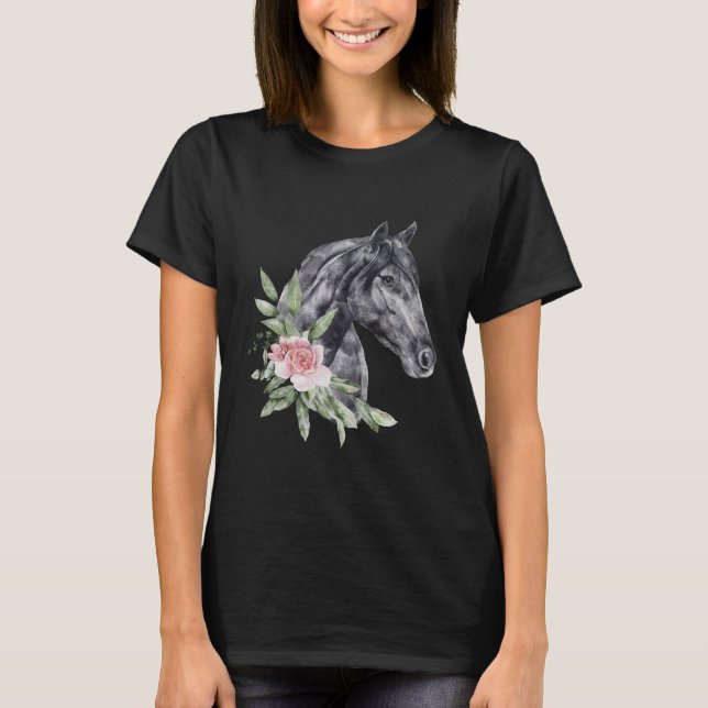 Camiseta Belo Retrato de Cabeça de Cavalo Negro Aquarela (Frente)