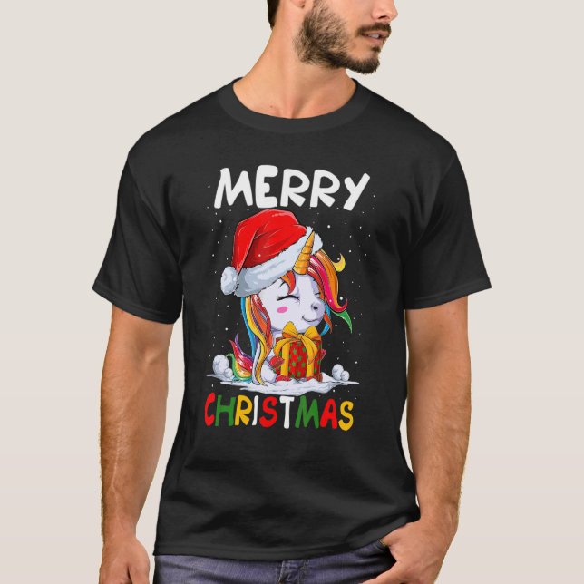 Camiseta Belo Unicórnio Santa Chapéu Feliz Criança de Natal (Frente)