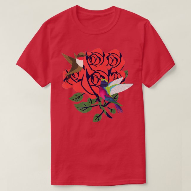 Camiseta Belos beija-flores com rosas vermelhas (Frente do Design)