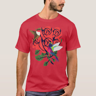 Camiseta Belos beija-flores com rosas vermelhas