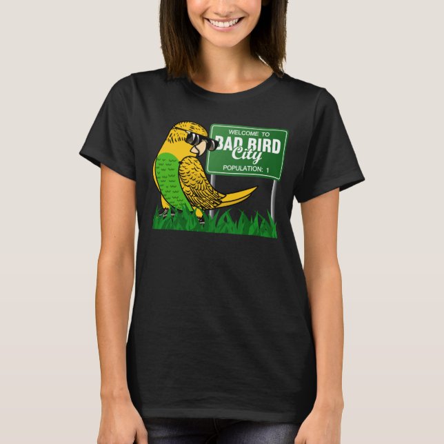 Camiseta Bem-Vindo À Cidade Má De Pássaro Eu Sou O Orçament (Frente)