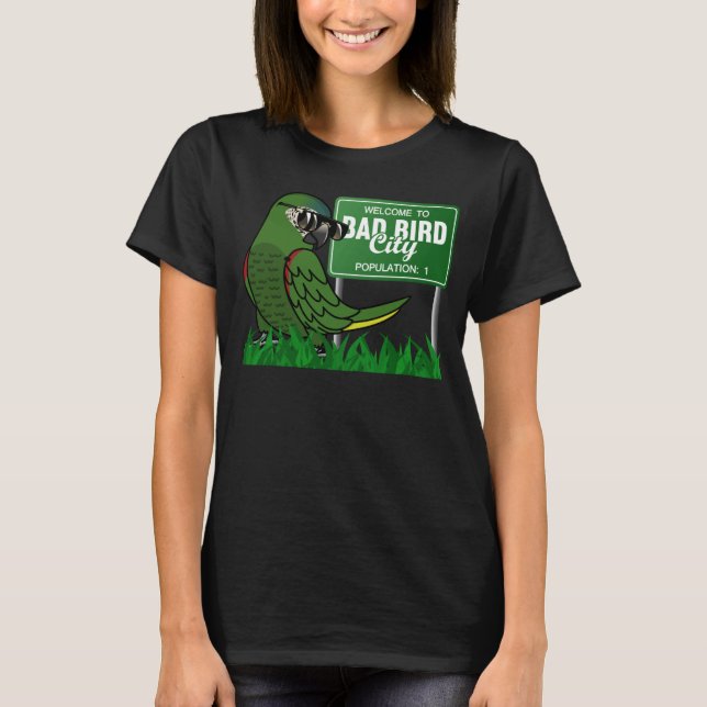 Camiseta Bem-Vindo À Cidade Má De Pássaros Eu Hahns Macaw (Frente)