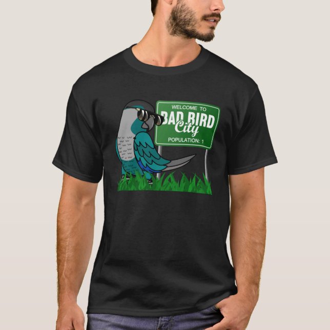 Camiseta Bem-Vindo À Cidade Má De Pássaros Eu Turquesa Cheq (Frente)