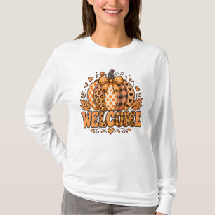 Camiseta Bem-vindo ao Outono Leopardo Remendado Abóbora Laç